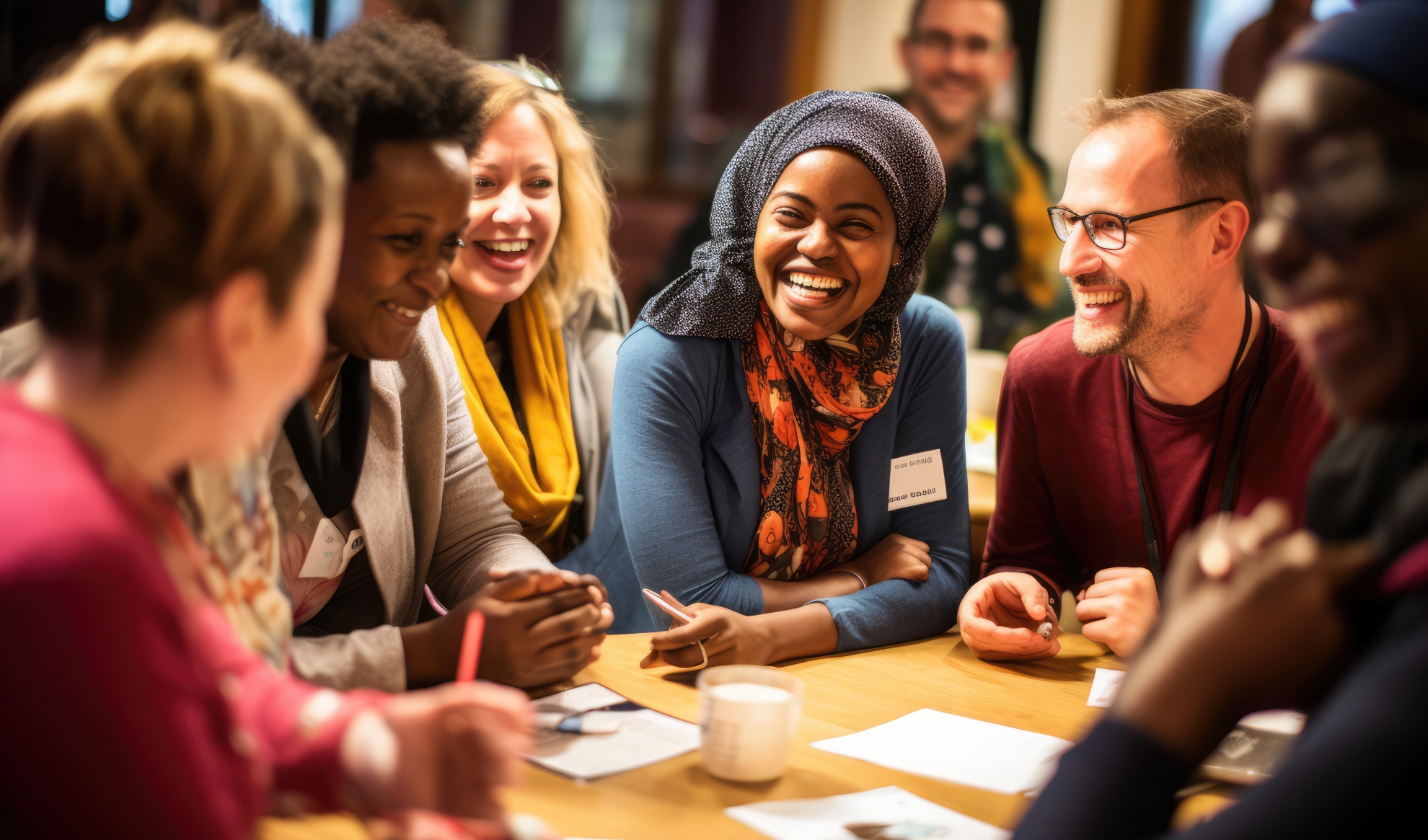 A diverse group of people sitting around a table, smiling and engaging in conversation. Papers and a mug are on the table. The atmosphere is warm and friendly, suggesting a collaborative or social gathering.