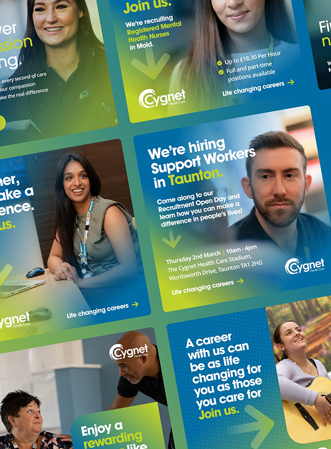 A collage of recruitment posters for Cygnet featuring diverse staff members. Text highlights job openings in Taunton for Support Workers and Mental Health Nurses, and showcases careers as life-changing, rewarding, and part of a strong social media strategy.
