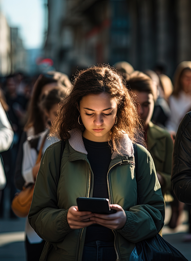 A young woman with curly hair and hoop earrings, wearing a green jacket, looks down at her phone, checking social media while walking in a crowded city street with sunlight illuminating her face.