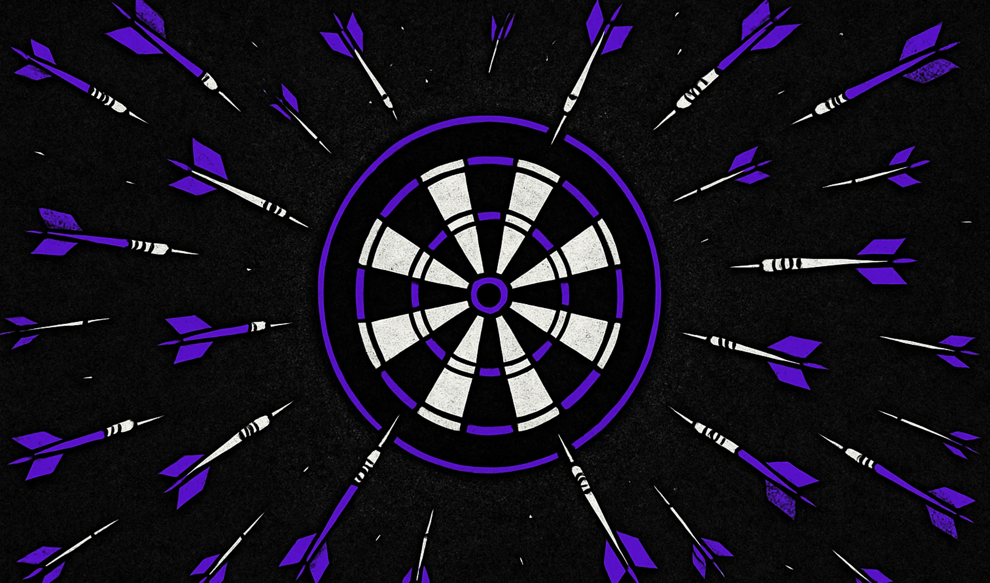 A dartboard with alternating white and black sections is surrounded by numerous purple and white darts flying toward it from all directions on a black background.